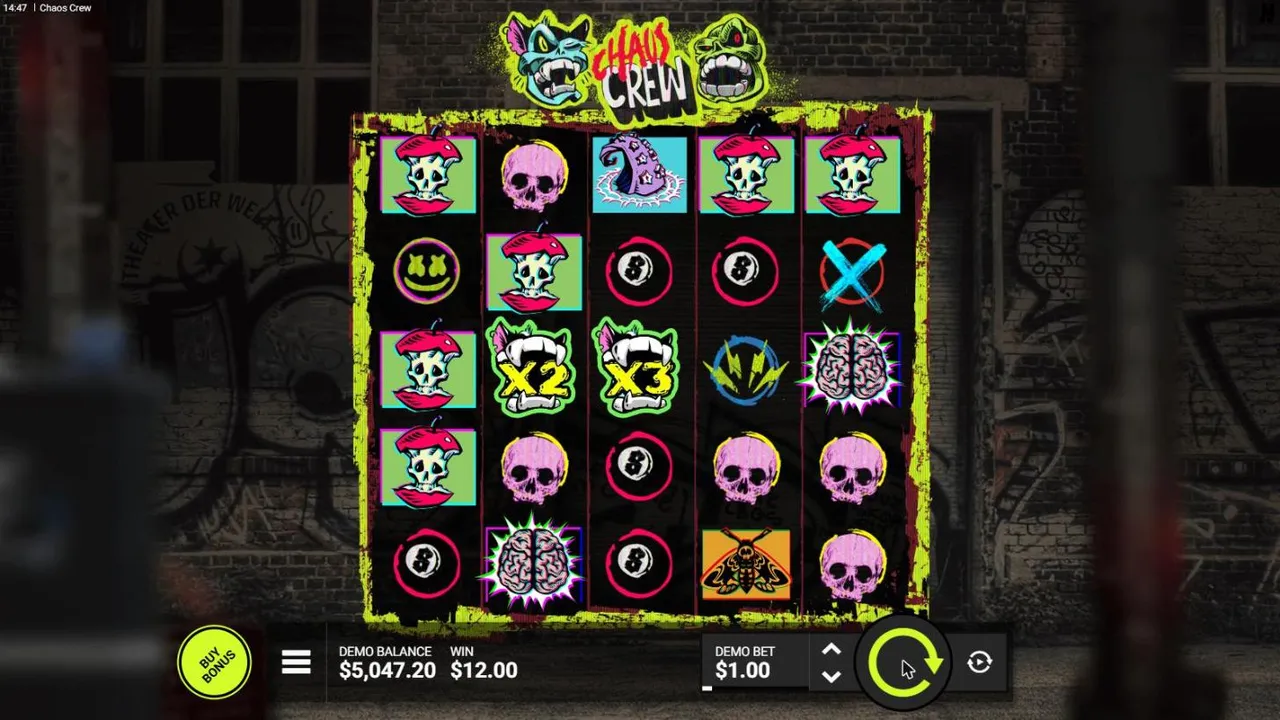 Chaos Crew base spin 33 at a $1 bet, settled: x2 and x3 Cranky Cat wilds on reels 2 and 3 among skull apple cores, WIN $12.00