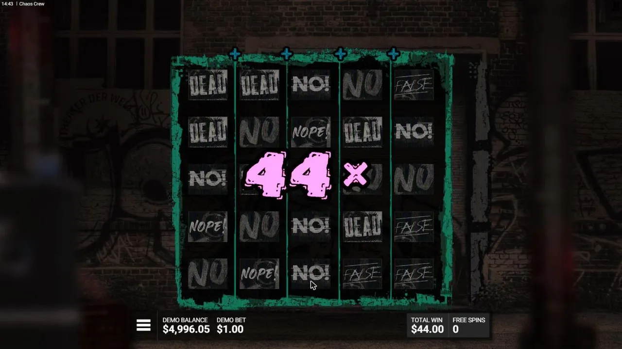 Chaos Crew free spins ending: the five reel numbers collected into 44x over a grid of NO, DEAD and FALSE tiles, TOTAL WIN $44.00
