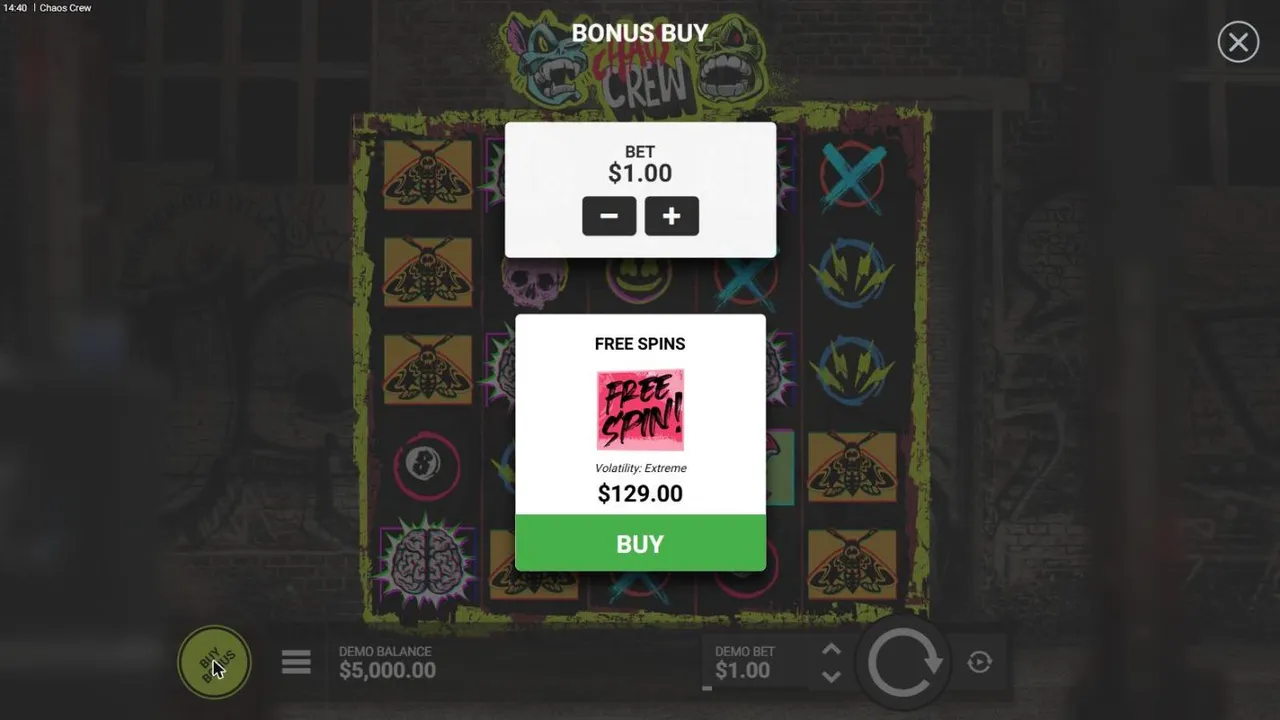 Chaos Crew buy menu at a $1 bet: a single Free Spins card for $129.00, labelled Volatility: Extreme, with a green BUY button