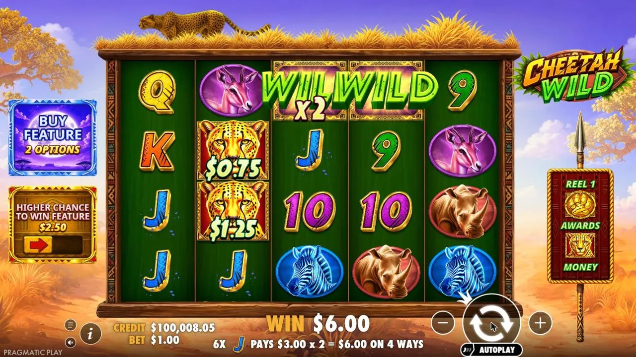 Cheetah Wild spin 3 at a $1 bet, settled: wilds on reels 3 and 4 with x2, two cheetahs on reel 2 and no paw on reel 1, WIN $6.00