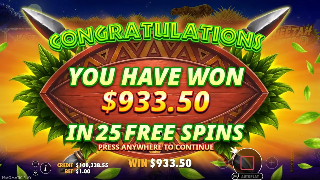 Cheetah Wild result screen after our $500 Super Free Spins buy: you have won $933.50 in 25 free spins, WIN $933.50, CREDIT $100,338.55