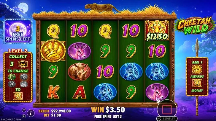 Cheetah Wild free spins at night from spin 2: a gold paw on reel 1 and a $12.50 cheetah on reel 5, with no money symbol or wild between them