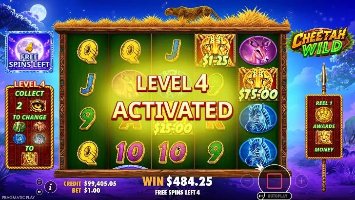 Cheetah Wild Super Free Spins with the LEVEL 4 ACTIVATED banner across the reels and the level meter on the left, 4 free spins left