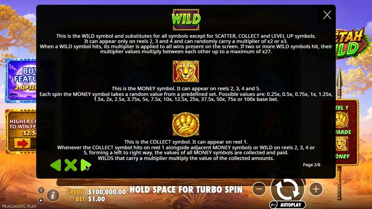 Cheetah Wild rules page for the wild with x2 or x3 multipliers up to x27, cheetah money values from 0.25x to 100x and the reel 1 paw collect