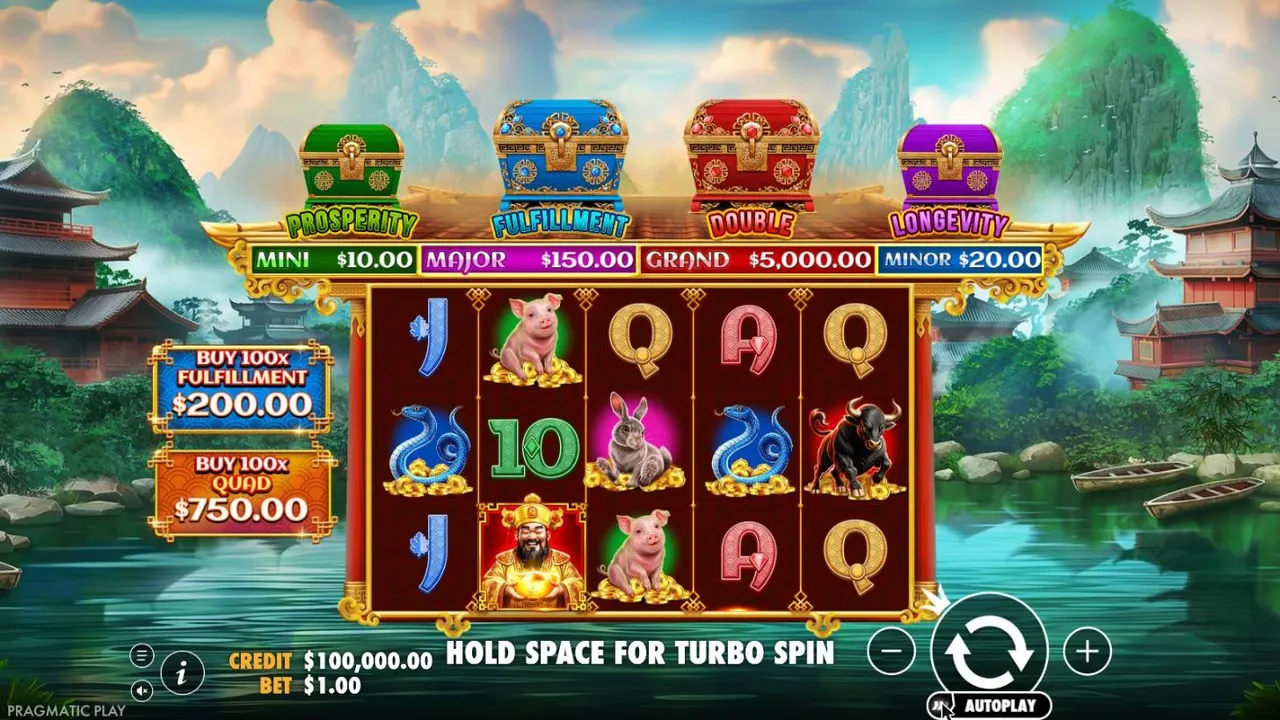 Chests of Cai Shen Infinity at a $1 bet before the first spin: four coloured chests, MINI MAJOR GRAND MINOR plaques and two buy buttons