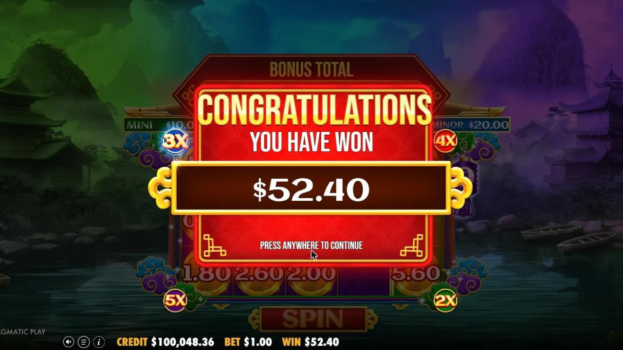 Chests of Cai Shen Infinity spin 75 at a $1 bet: BONUS TOTAL, CONGRATULATIONS YOU HAVE WON $52.40 over the respin board