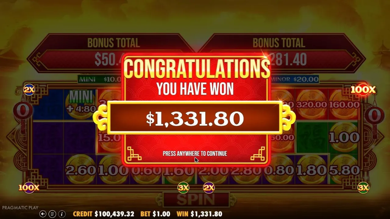 Chests of Cai Shen Infinity Quad buy at a $1 bet: CONGRATULATIONS YOU HAVE WON $1,331.80 over two grids with a 100X zone