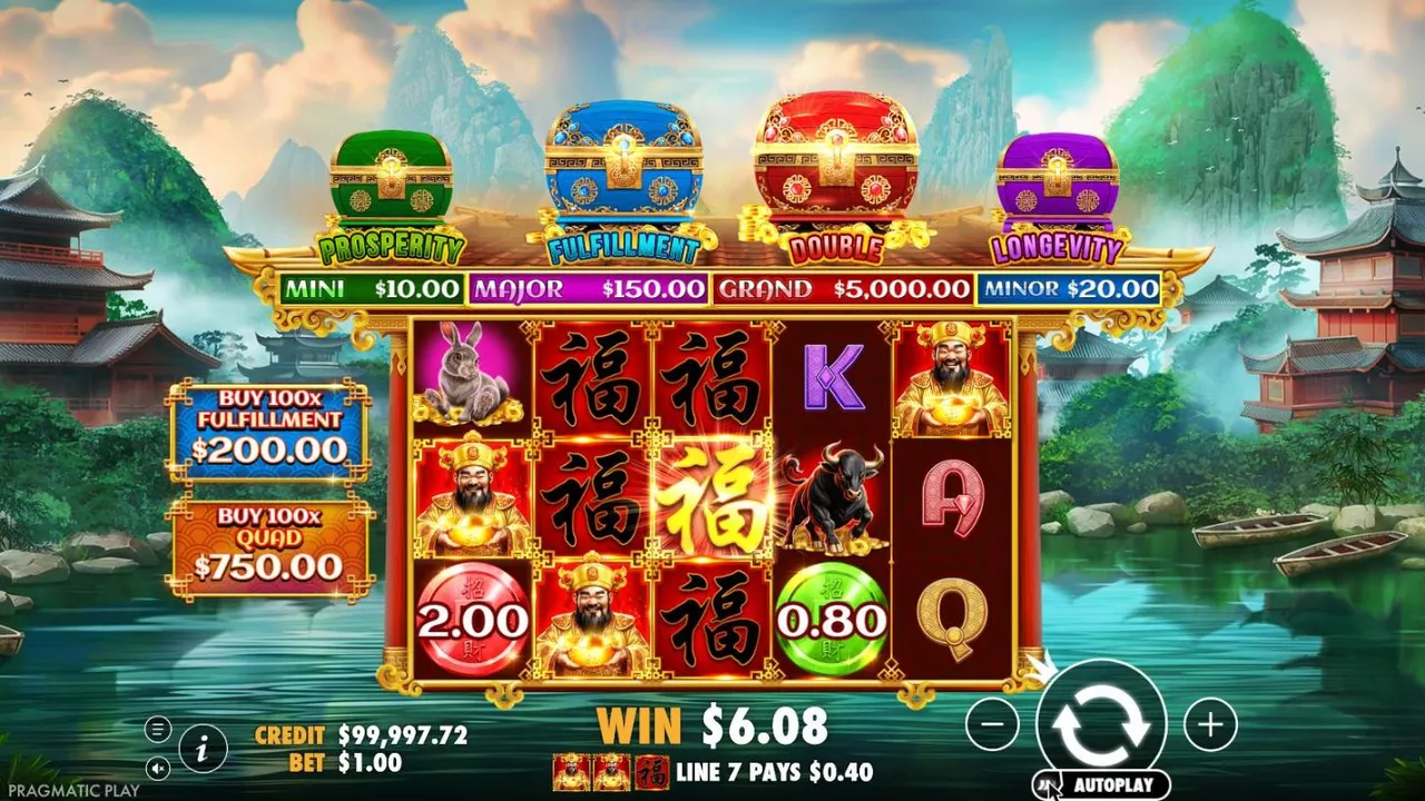 Chests of Cai Shen Infinity spin 13 at a $1 bet, settled: a red 2.00 coin and a green 0.80 coin with wilds on the reels, WIN $6.08