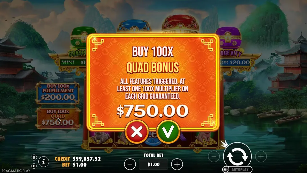 Chests of Cai Shen Infinity Quad buy dialog: BUY 100X QUAD BONUS, all features triggered, a 100x multiplier on each grid, $750.00