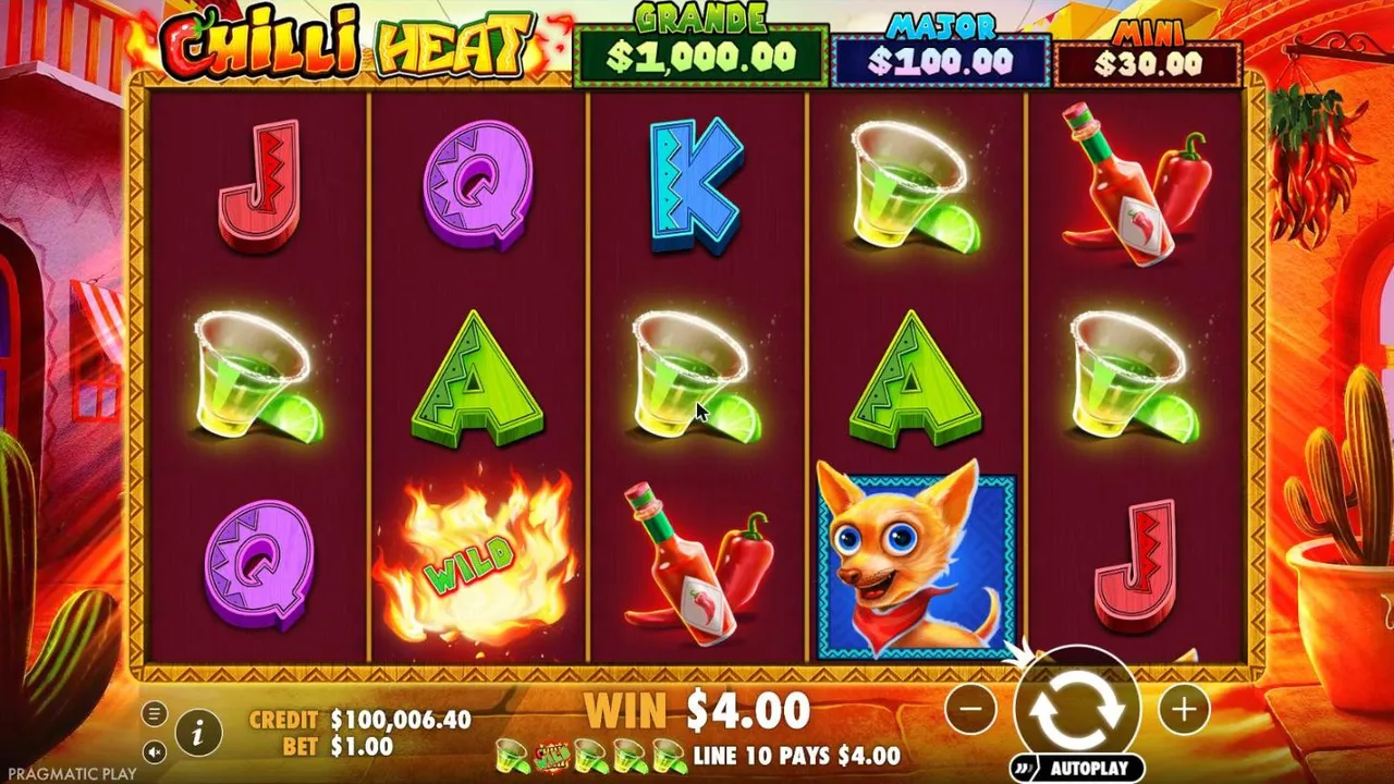 Chilli Heat base game at a $1 bet: five tequilas with a flaming WILD on line 10 under the GRANDE, MAJOR and MINI panels, WIN $4.00
