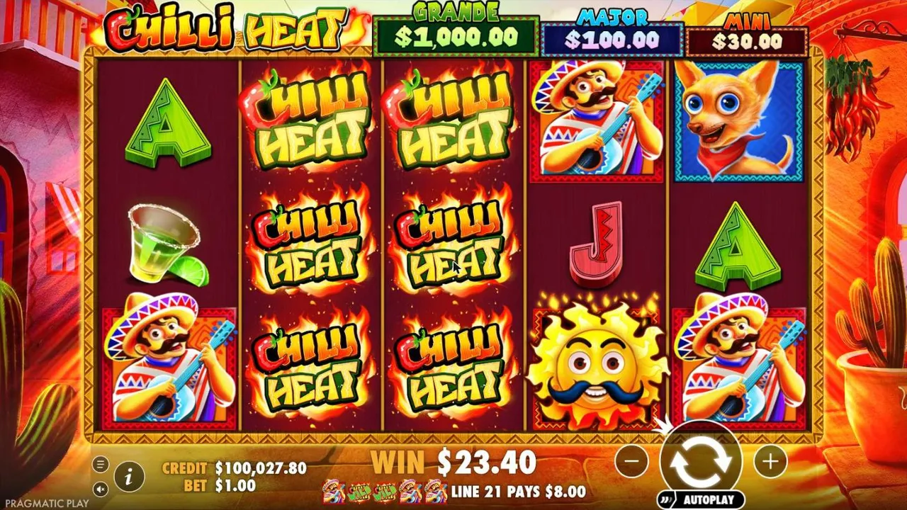 Chilli Heat spin 23 at a $1 bet, settled: flaming CHILLI HEAT wilds filling reels 2 and 3, mariachis on reels 1, 4 and 5, WIN $23.40