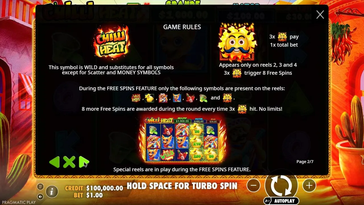 Chilli Heat rules page 2: the CHILLI HEAT wild, the moustached sun scatter on reels 2 to 4 and 8 free spins without the letters