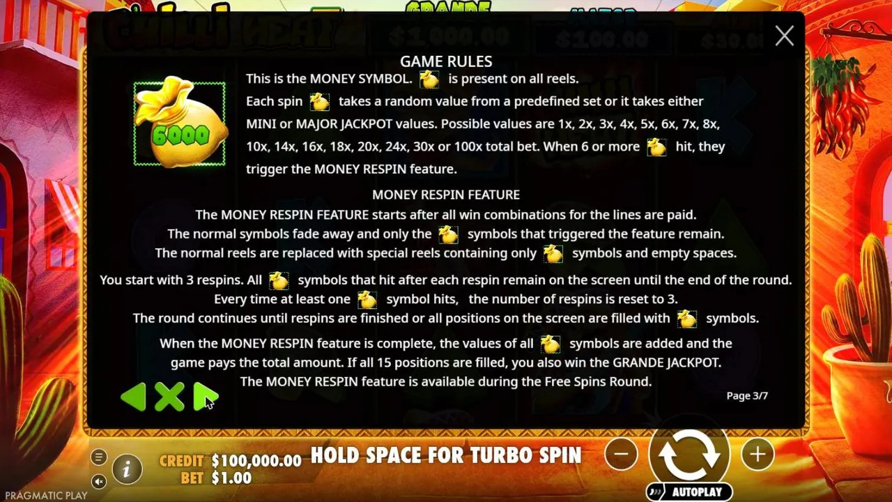 Chilli Heat rules page 3: money bag values of 1x to 100x or a jackpot, and the MONEY RESPIN feature with the GRANDE for 15 bags
