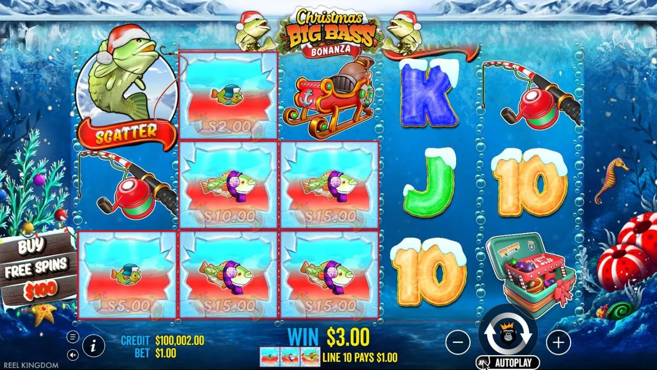 Christmas Big Bass Bonanza base game at a $1 bet: icy reels with scarf-wearing fish tagged $2.00 to $15.00, a Santa-hat scatter, WIN $3.00