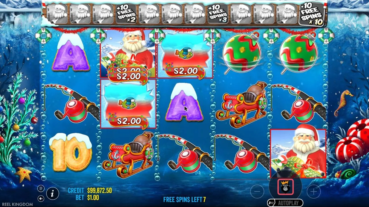 Christmas Big Bass Bonanza free spins: Santa wilds on reels 2 and 5 collecting $2.00 fish, under a bar of Santa slots with x2, x3 and x10