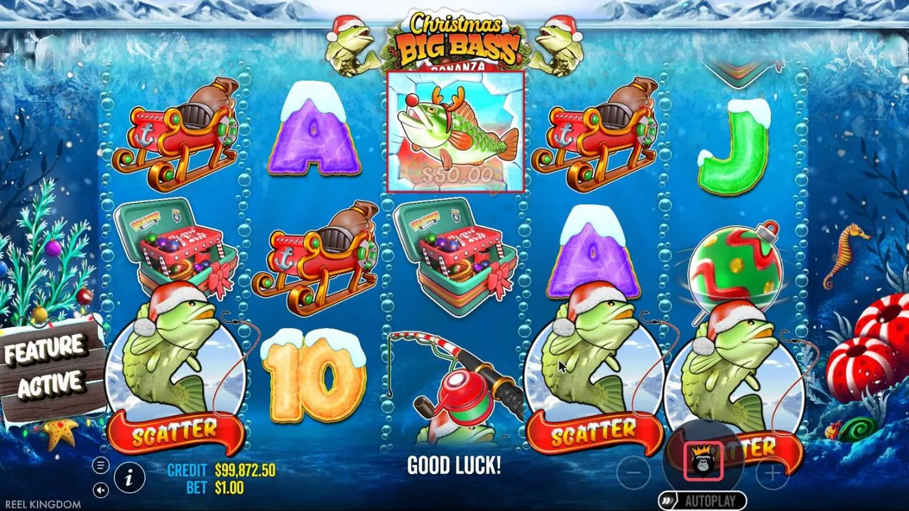Christmas Big Bass Bonanza buy spin at a $1 bet: Santa-hat scatters on reels 1, 4 and 5, a $50.00 reindeer fish and FEATURE ACTIVE