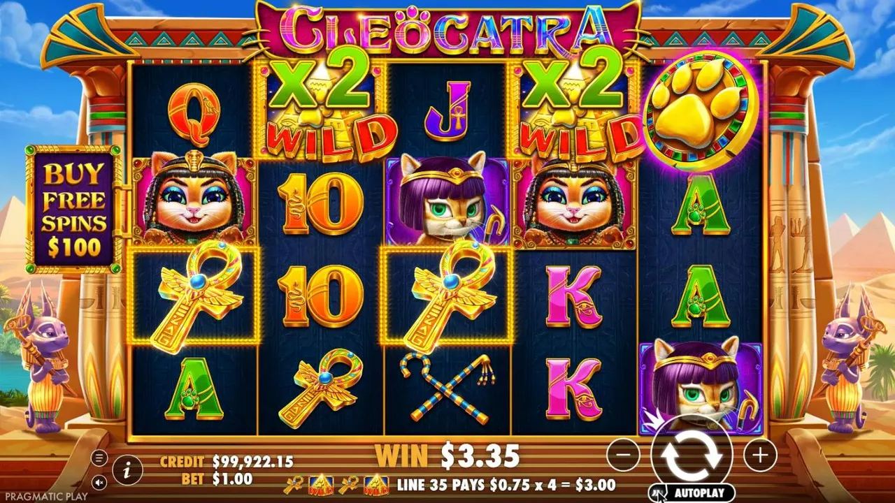 Cleocatra spin 99 at a $1 bet, settled: x2 WILDs on reels 2 and 4 with ankhs, LINE 35 PAYS $0.75 x 4 = $3.00, WIN $3.35