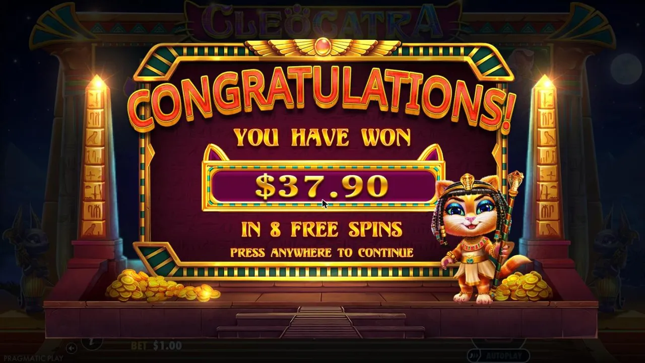 Cleocatra result screen after our $100 buy at a $1 bet: YOU HAVE WON $37.90 IN 8 FREE SPINS, with Cleocatra holding a staff