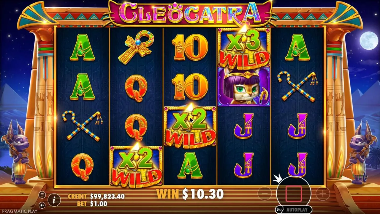 Cleocatra free spins at night under a full moon: sticky WILDs of x2 on reels 2 and 3 and x3 on reel 4, WIN $10.30