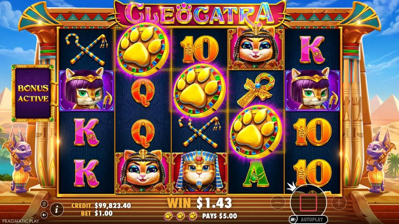 Cleocatra free spins trigger from our $1 buy: three golden paw scatters on reels 2, 3 and 4, with BONUS ACTIVE on the left