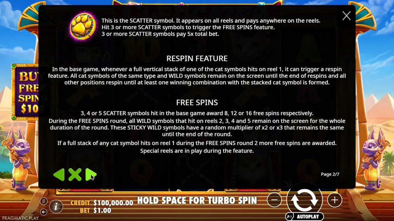 Cleocatra rules page 2: the paw scatter paying 5x, the cat-stack respin feature and free spins with sticky WILDs of x2 or x3