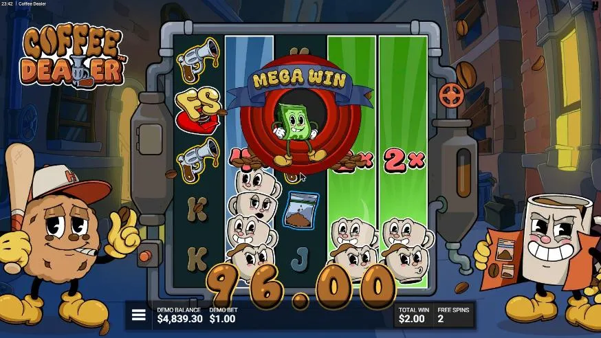 Coffee Dealer Mug Life free spin 8 from our $80 buy: Wild Coffee Reels of 4x, 2x and 2x stacked with cups behind MEGA WIN 96.00