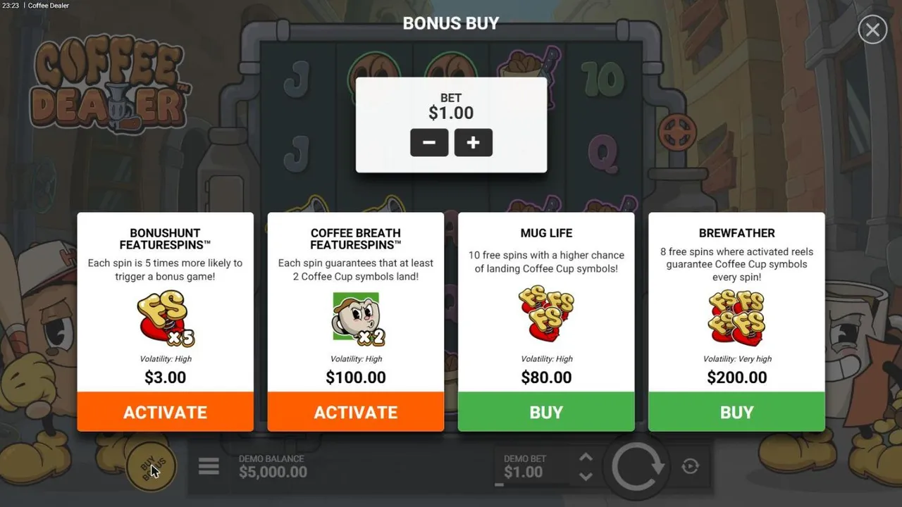 Coffee Dealer buy menu at a $1 bet: BonusHunt FeatureSpins $3, Coffee Breath FeatureSpins $100, Mug Life $80 and Brewfather $200