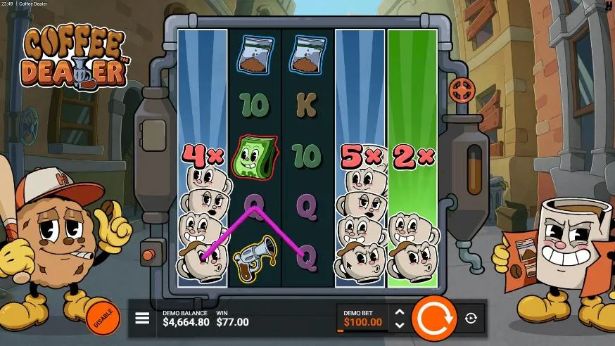 Coffee Dealer Coffee Breath FeatureSpins spin 10 at a $100 bet, settled: Wild Coffee Reels of 4x, 5x and 2x, WIN $77.00
