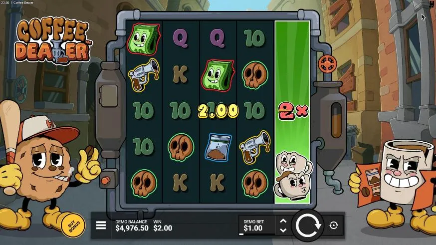 Coffee Dealer base spin 29 at a $1 bet, settled: a 2x Wild Coffee Reel of stacked cups on reel 5 completing a row of 10s, WIN $2.00