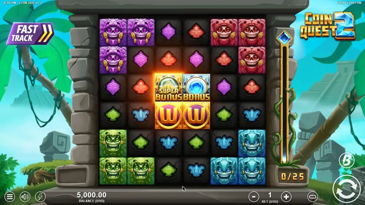 Coin Quest 2 base game at a $1 bet: a 6x6 grid of skull masks, gems and glyphs, a Super Bonus and a Bonus symbol above two gold W Wilds