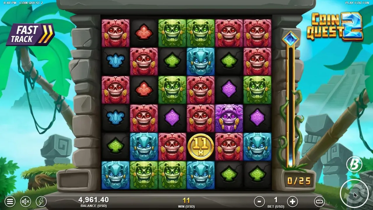 Coin Quest 2 base spin 83 at a $1 bet, settled: an 11x coin among red, green and blue skull masks, WIN 11, balance 4,961.40