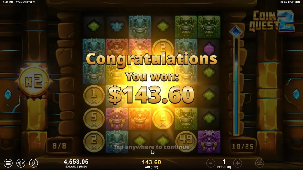 Coin Quest 2 result screen in the golden temple after our $500 Super Free Spins Bonus: You won $143.60, the multiplier at x2, 8/8 spins