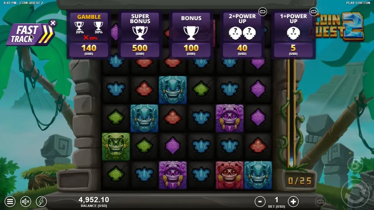 Coin Quest 2 Fast Track menu at a $1 bet: Gamble 140, Super Bonus 500, Bonus 100, 2+ Power Up 40 and 1+ Power Up 5 USD
