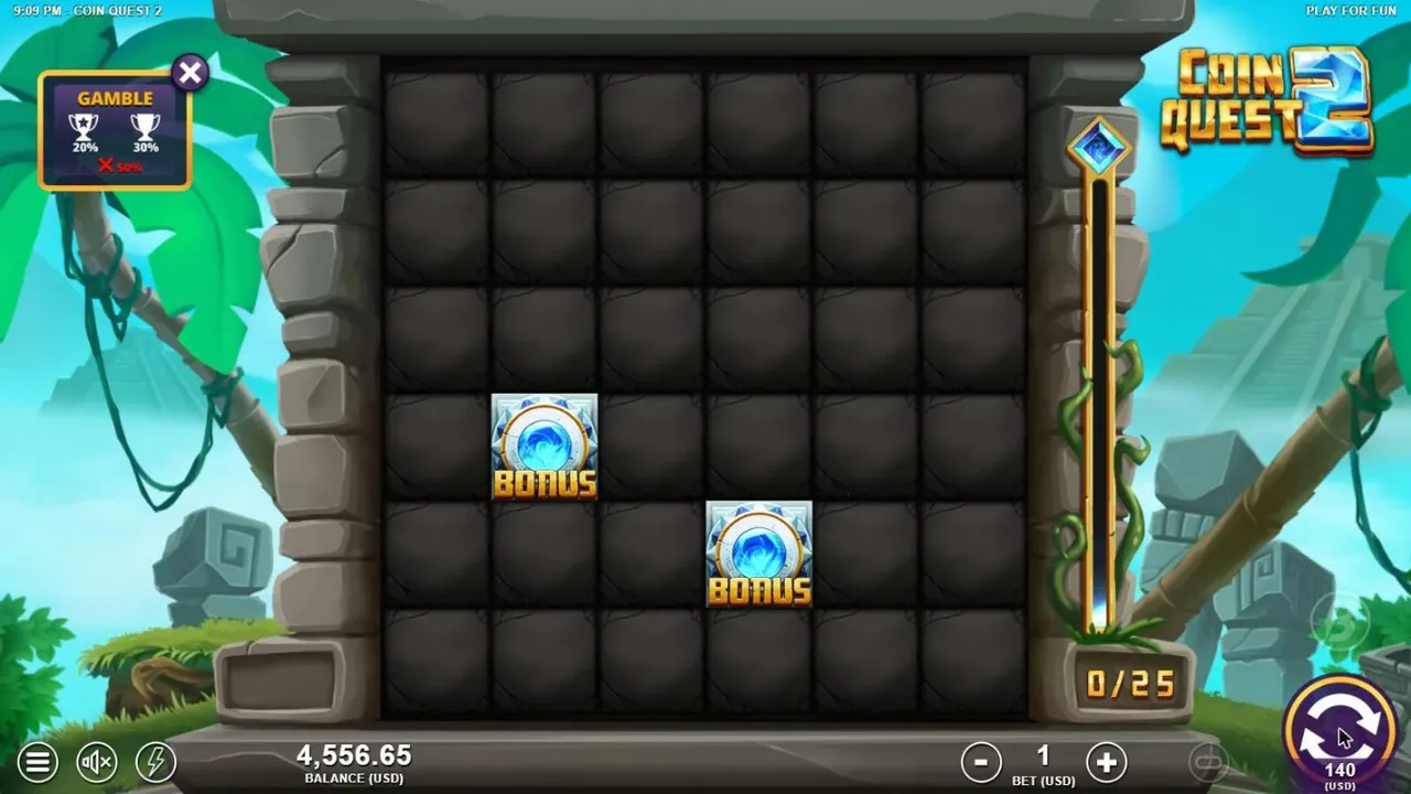 Coin Quest 2 Gamble round at a $1 bet: a 6x6 grid of dark blocker tiles with two Bonus symbols and no third, balance 4,556.65