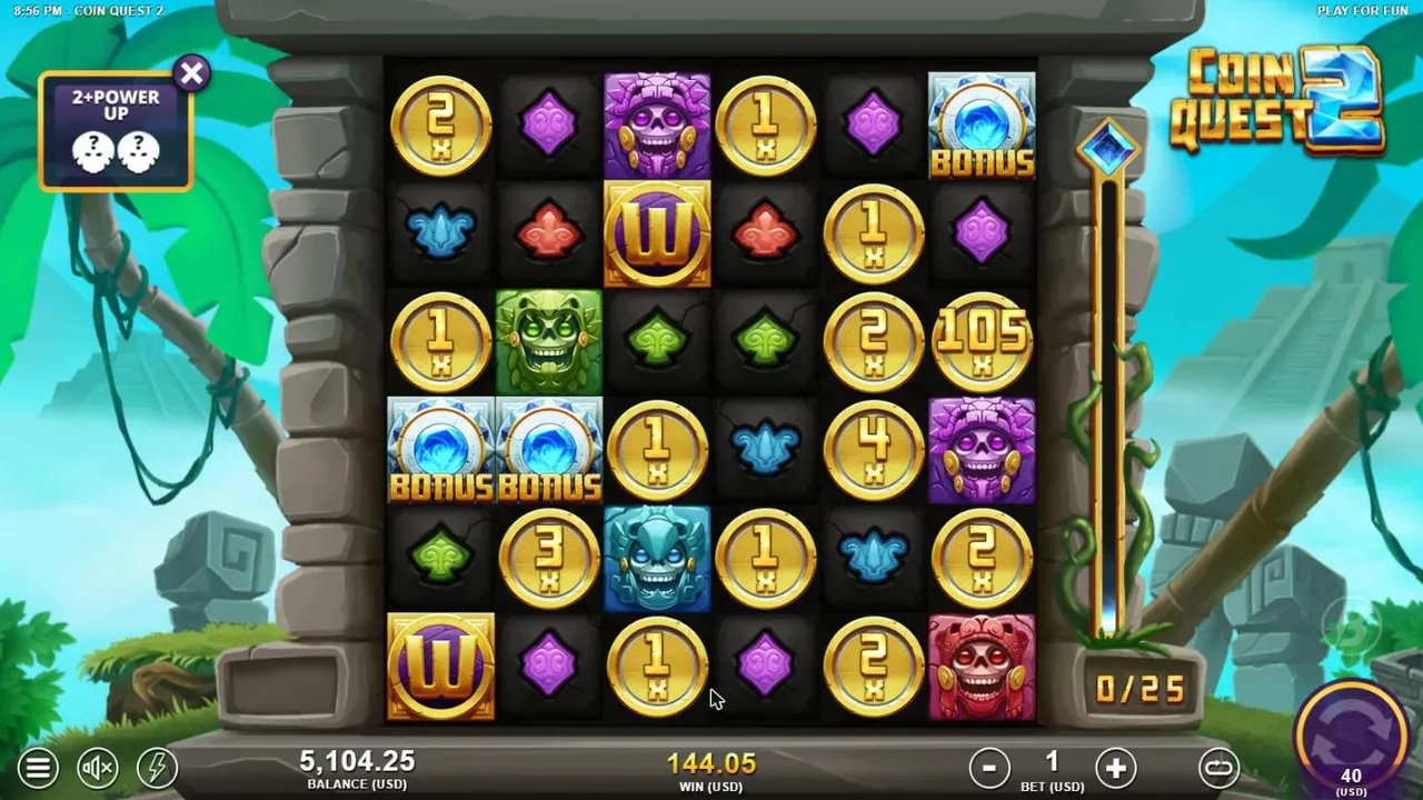 Coin Quest 2 after 2+ Power Up spin 6, settled: a 105x coin, smaller coins and three Bonus symbols, WIN 144.05, balance 5,104.25