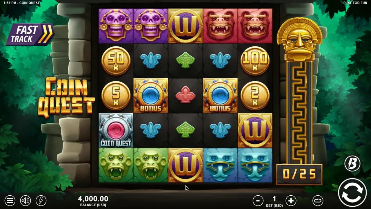 Coin Quest base game at a $1 bet: a 5x5 grid of carved masks, coins from 2x to 100x, two Bonus symbols and gold W Wilds in a jungle temple