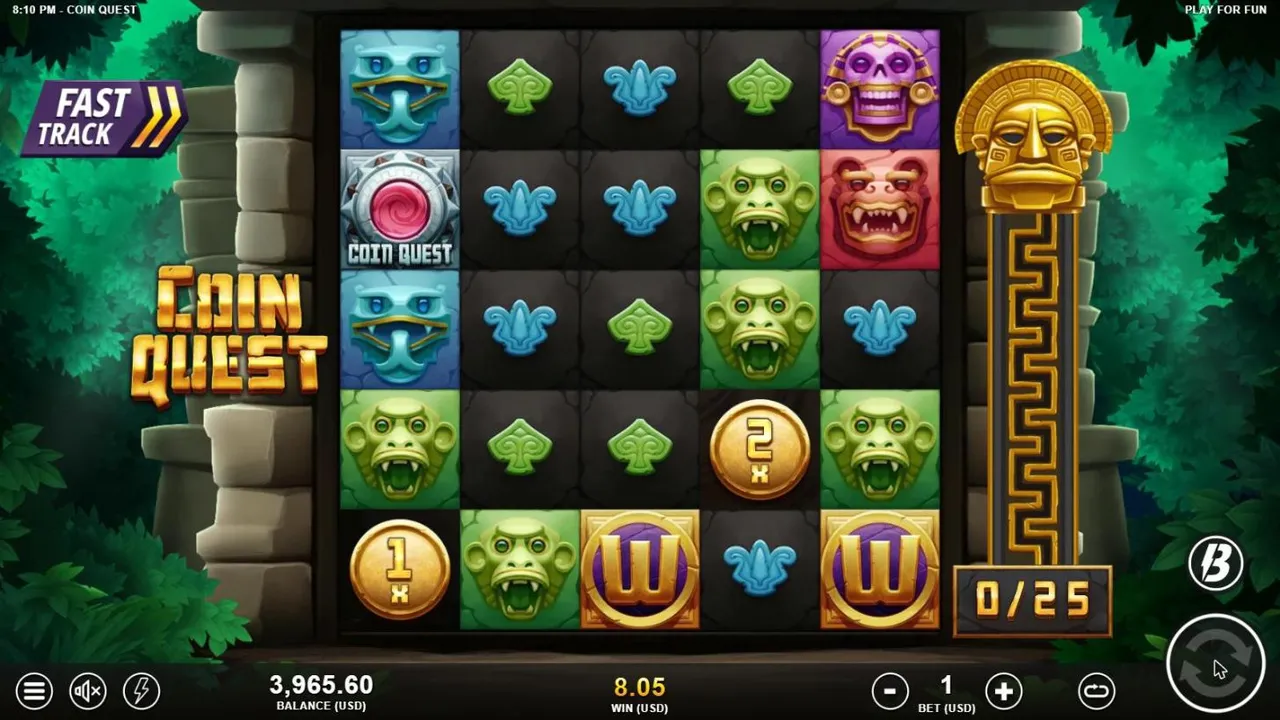 Coin Quest base spin 56 at a $1 bet, settled: coins of 1x and 2x and two gold W Wilds among green masks, WIN 8.05, balance 3,965.60