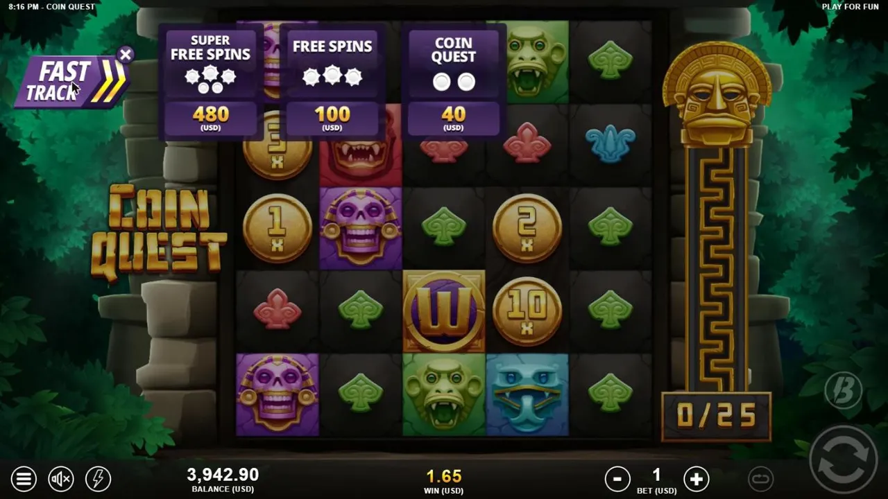 Coin Quest Fast Track menu at a $1 bet: Super Free Spins for 480, Free Spins for 100 and Coin Quest for 40 USD, balance 3,942.90