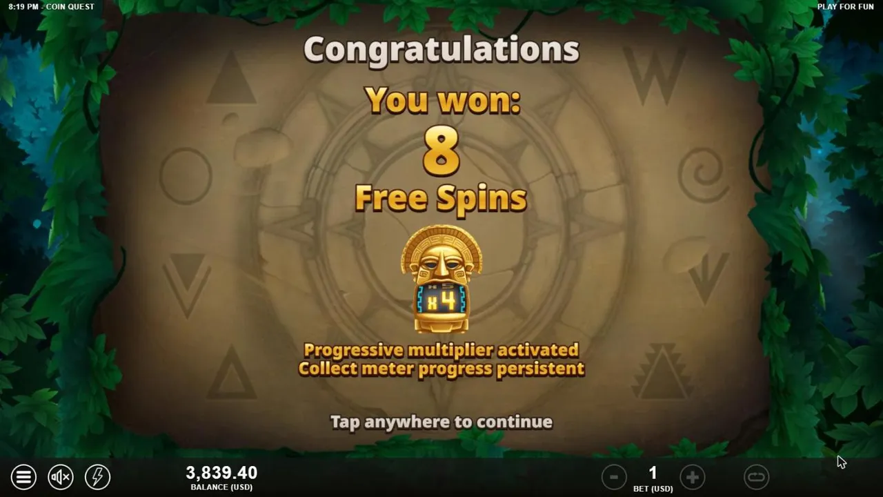 Coin Quest award parchment for our $100 Free Spins buy: 8 Free Spins, progressive multiplier activated, collect meter progress persistent