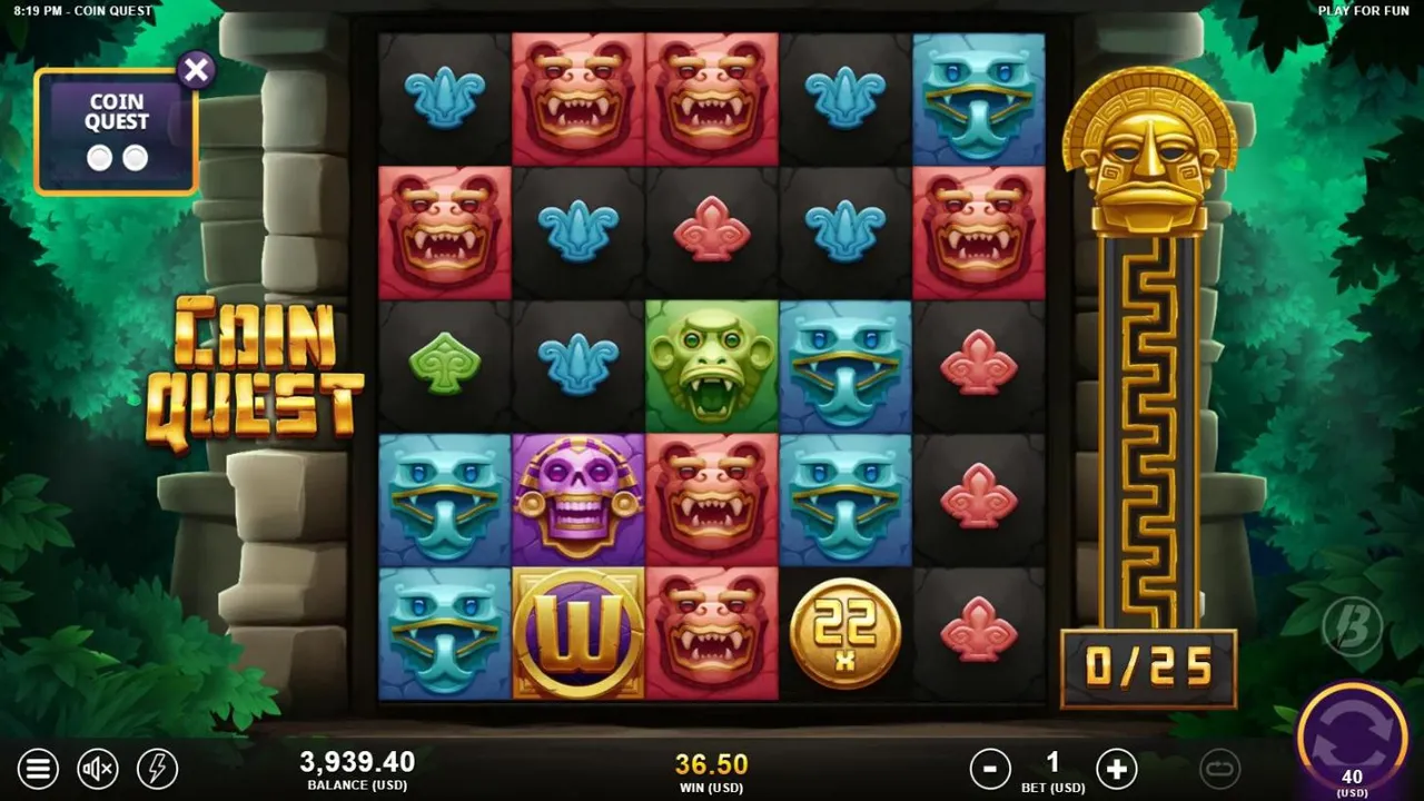 Coin Quest base screen after our $40 Coin Quest Bonus buy: a 22x coin on the bottom row, WIN 36.50 and the spin button still at 40 USD