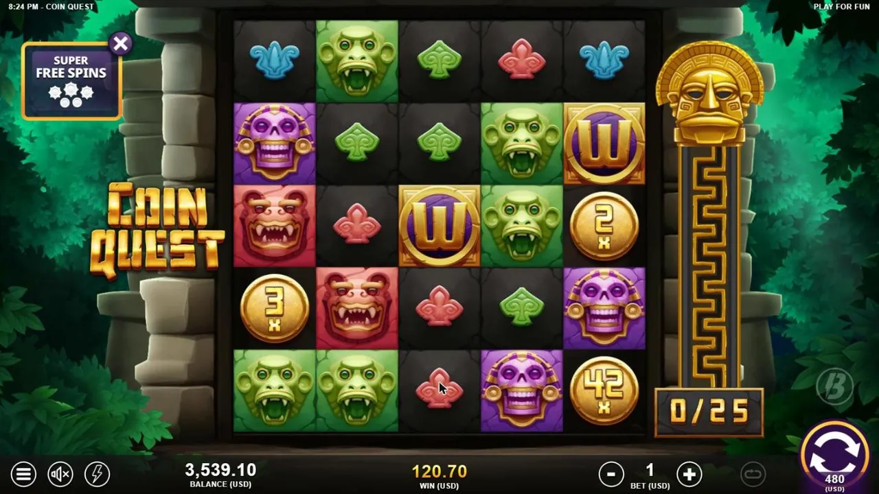 Coin Quest after our $480 Super Free Spins buy, settled: a 42x coin on the bottom row, WIN 120.70, balance 3,539.10 at a $1 bet