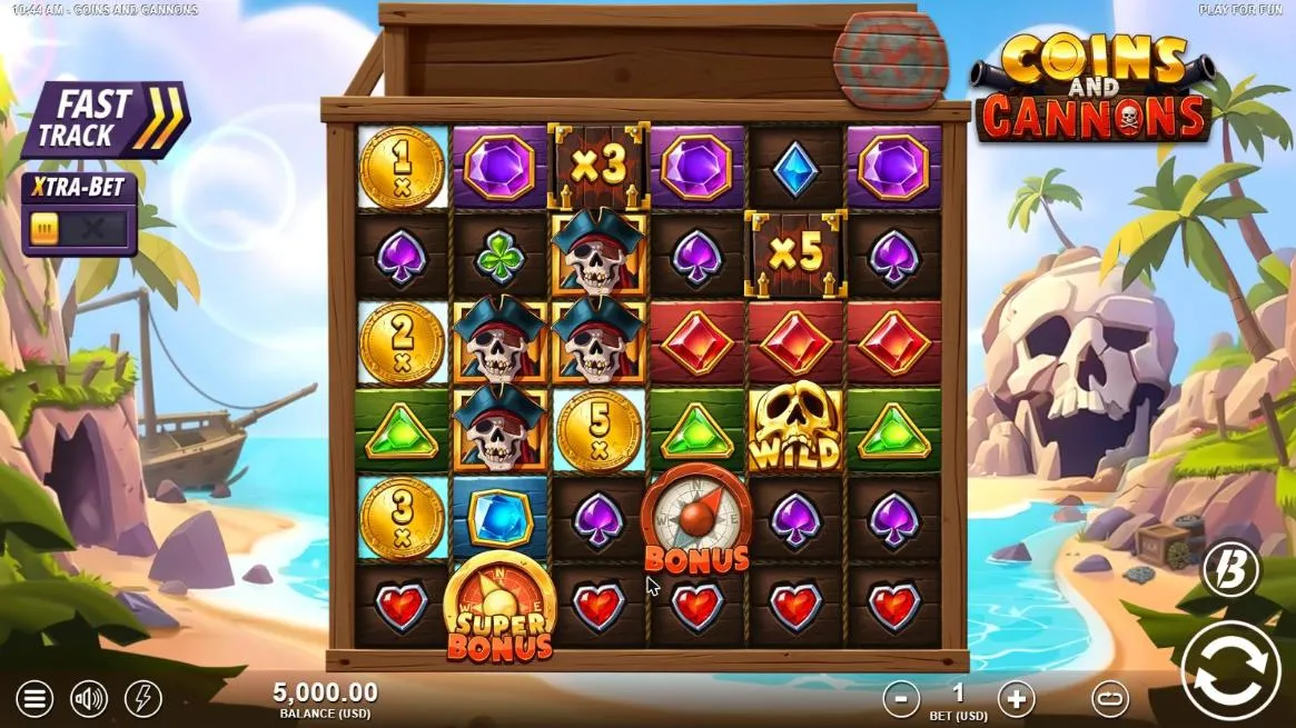 Coins and Cannons base game at a $1 bet: a 6x6 crate grid of gems, suits, pirate skulls, gold Coins, x3 and x5 Cannons and two compass Bonus symbols