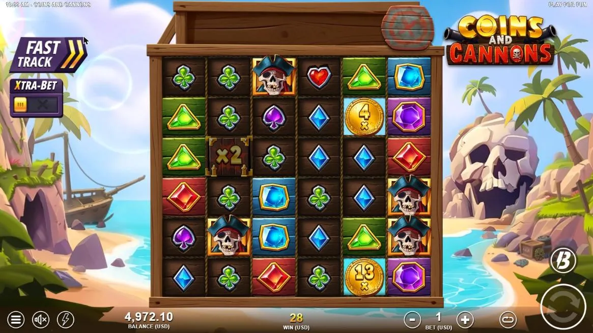 Coins and Cannons base spin 76 at a $1 bet, settled: a x2 Cannon, a 13x and a 4x Coin among clubs and diamonds, WIN 28, balance 4,972.10