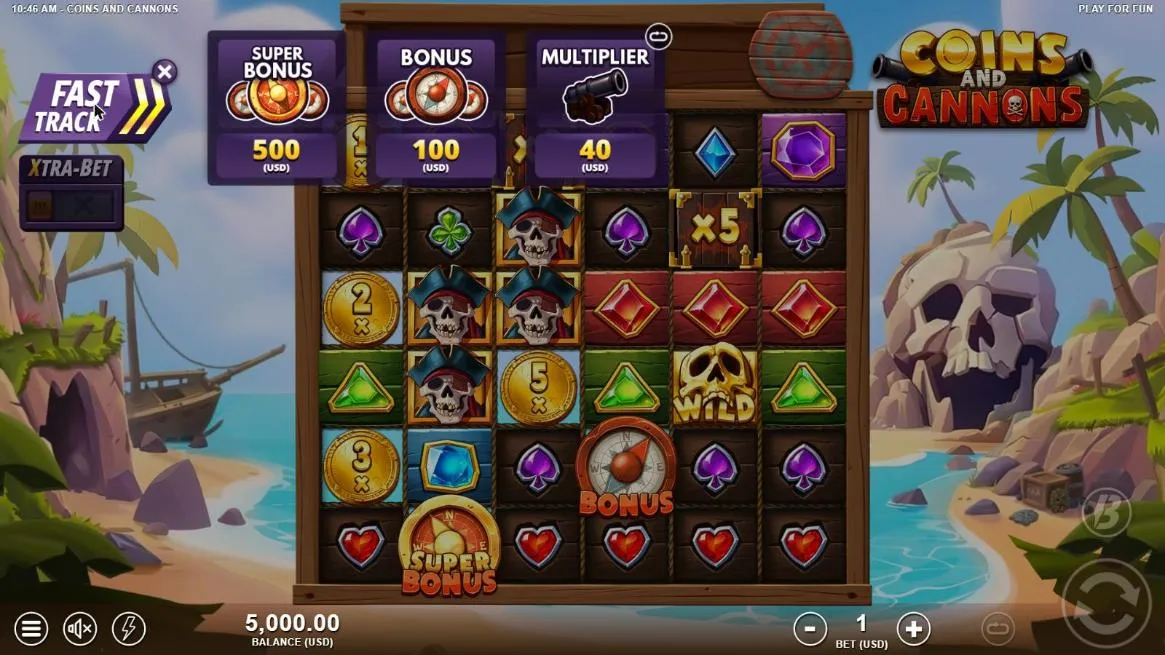 Coins and Cannons Fast Track menu at a $1 bet: Super Bonus 500, Bonus 100 and the Multiplier Cannon spin at 40 USD above the base grid