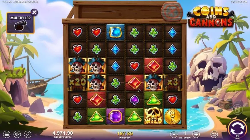 Coins and Cannons Multiplier Cannon spin 10 at $40 a spin, settled: x20 and x3 Cannons, a gold Wild skull and an 8x Coin, WIN 197.80