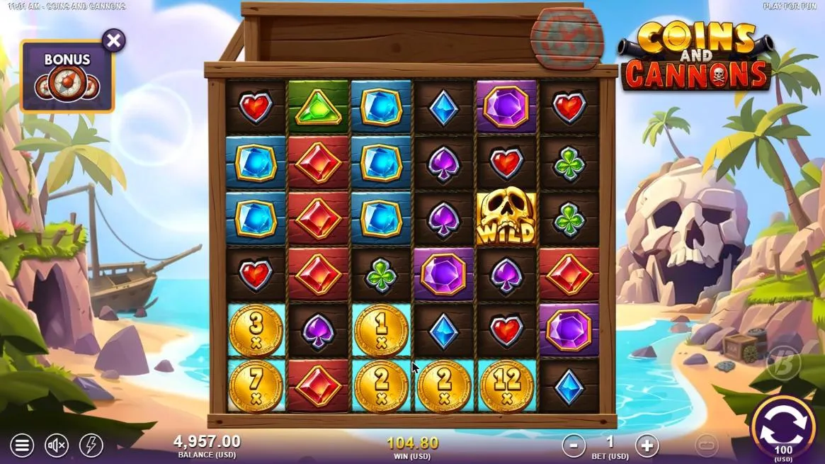 Coins and Cannons board after our $100 Free Spins buy: Coins of 1x to 12x along the bottom rows and a gold Wild skull, WIN 104.80