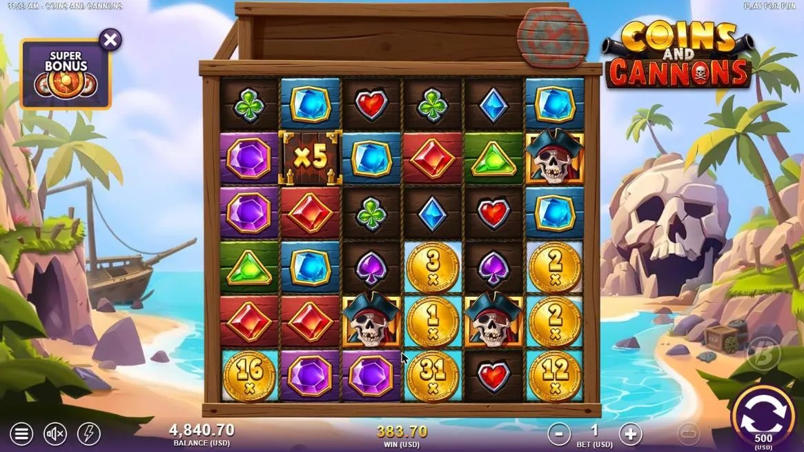 Coins and Cannons board after our $500 Super Free Spins buy: a x5 Cannon and Coins of 16x, 31x and 12x on the bottom row, WIN 383.70