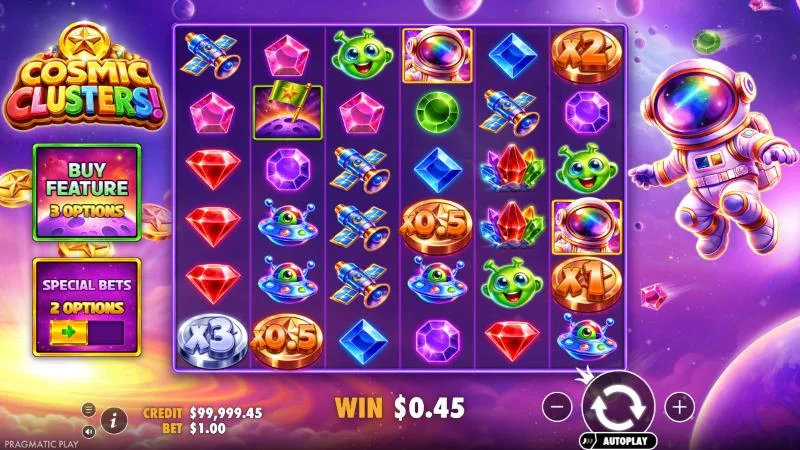 Cosmic Clusters! base game at a $1 bet with bronze and silver money coins from x0.5 to x3 spread across the 6x6 grid