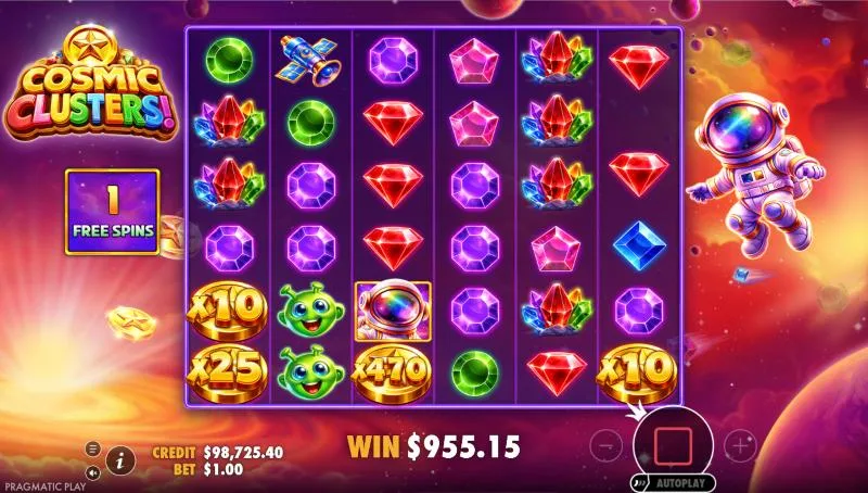 Epic Free Spins in Cosmic Clusters!: gold coins merged into an x470 coin with $955.15 won and one spin left