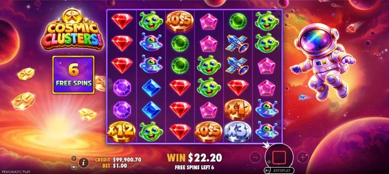 Natural free spins in Cosmic Clusters! with x12, x0.5, x1 and x3 coins held along the bottom row